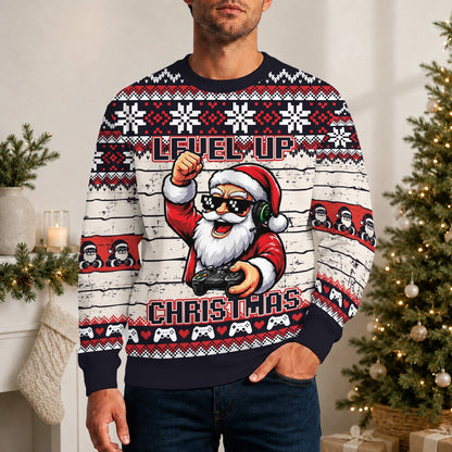 Lifestyle view of an adult wearing the Level Up Christmas ugly holiday sweater men