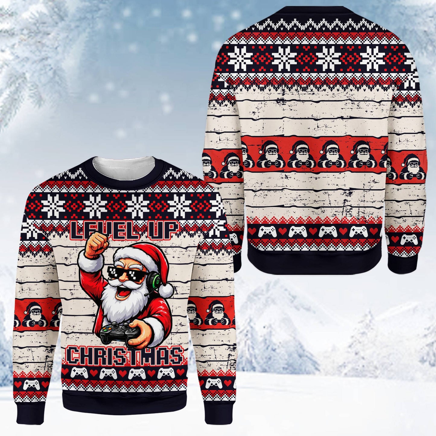Close-up alternate view of the pixelated gaming patterns on the ugly sweater