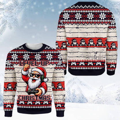 Close-up alternate view of the pixelated gaming patterns on the ugly sweater