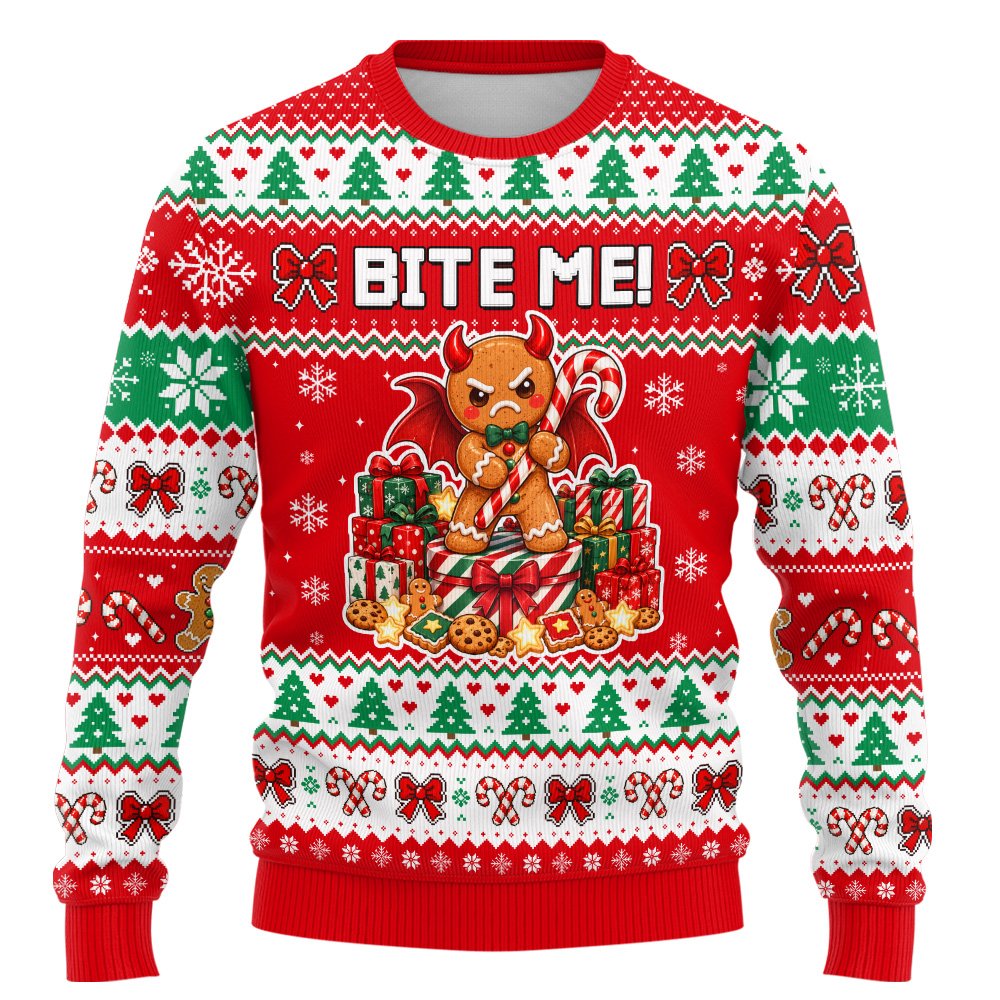 Funny ugly christmas sweater featuring an angry gingerbread man and BITE ME text, main view