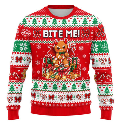 Front view of the holiday ugly sweater with gingerbread man design