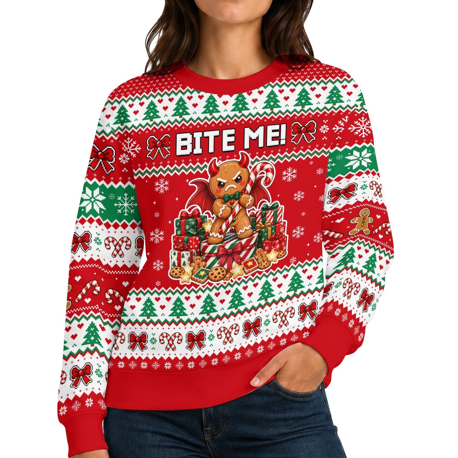 Full front view showcasing the red, white, and green holiday pattern