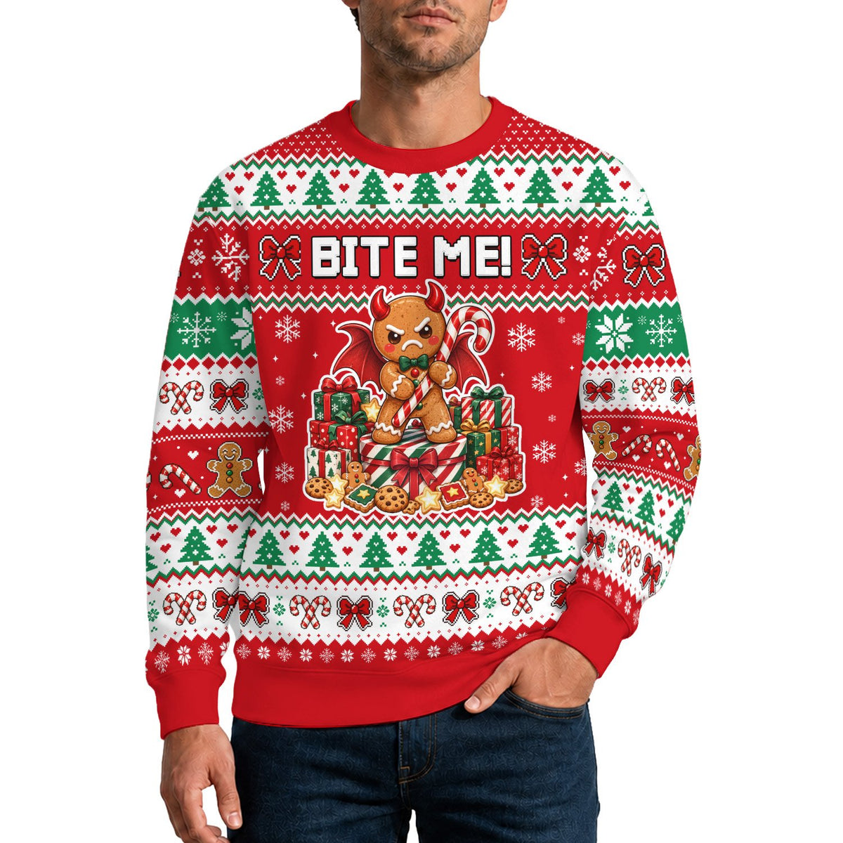 Close up front view of the funny christmas ugly sweater pattern
