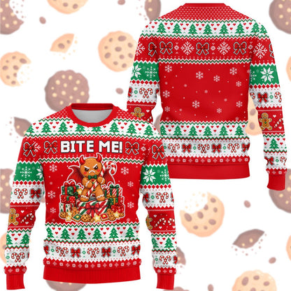 Lifestyle view of an adult wearing the funny ugly christmas sweater