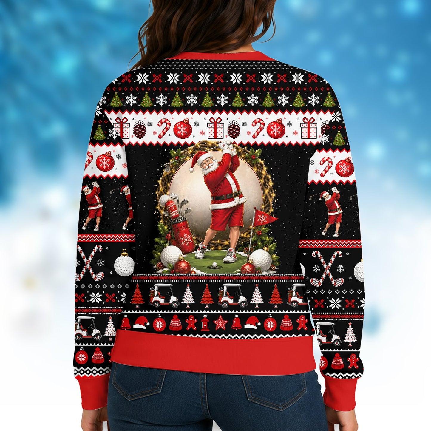 Alternate back view of black golf holiday sweater