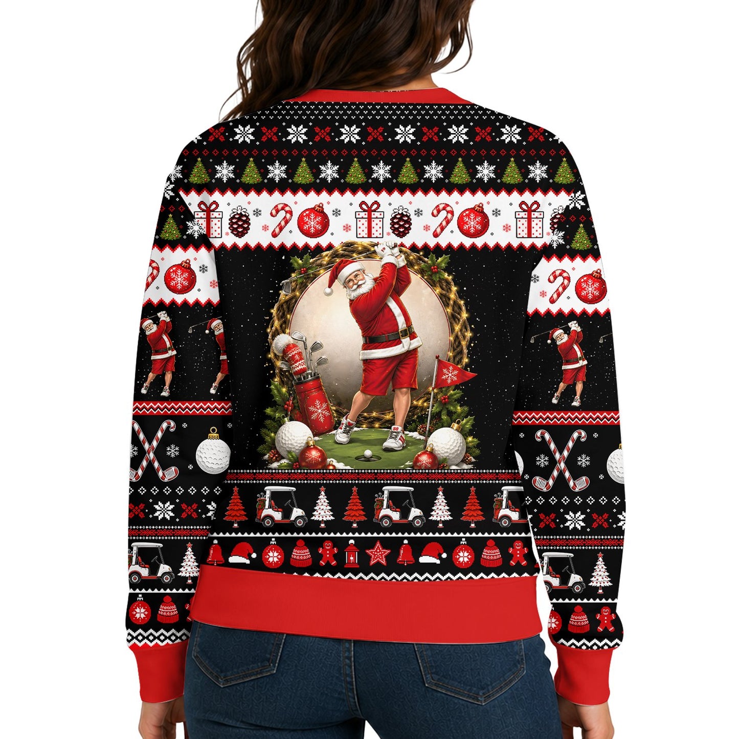 Detailed back view of ugly holiday sweater