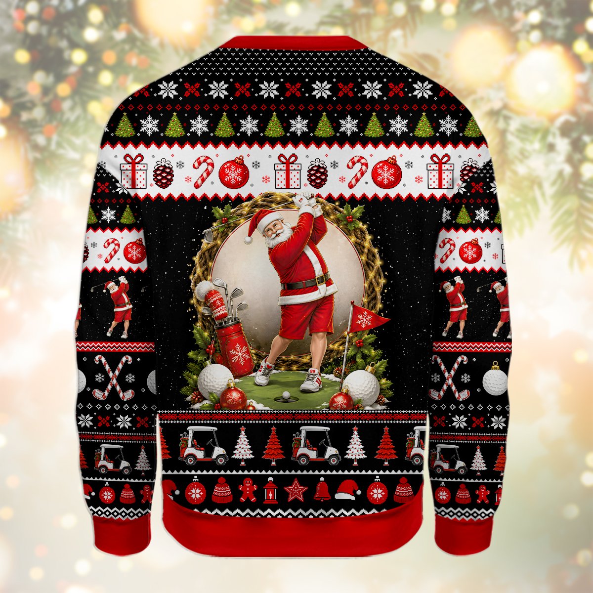 Back view of black ugly golf christmas sweater