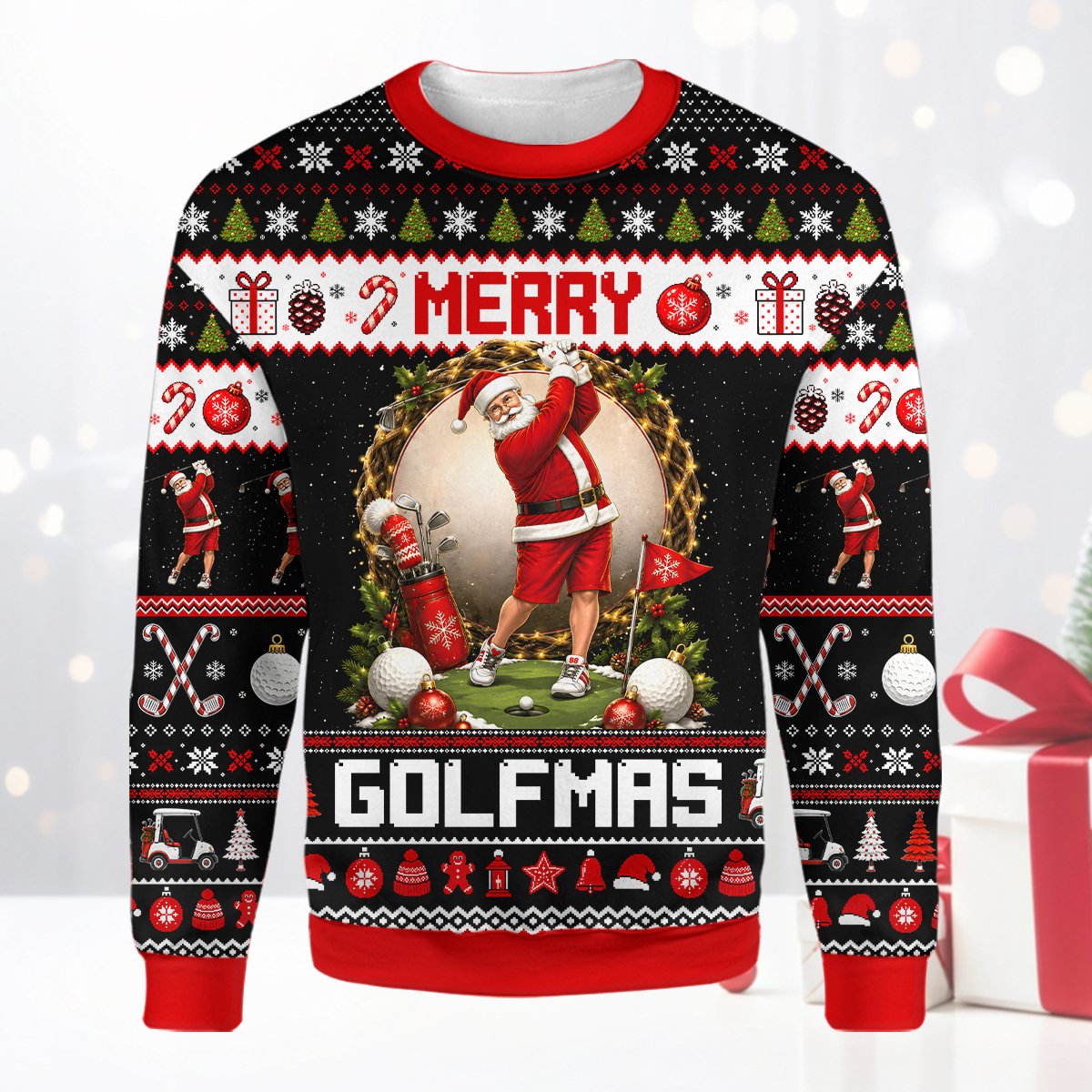 Detailed front view of Santa Claus golfing holiday sweater