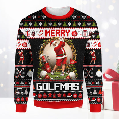 Detailed front view of Santa Claus golfing holiday sweater