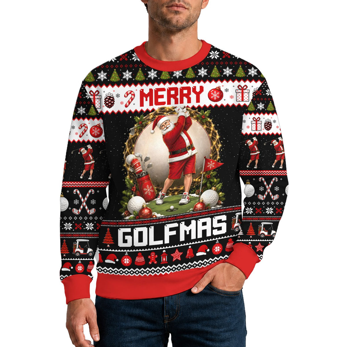 Front view of black holiday ugly sweater with Santa golfing