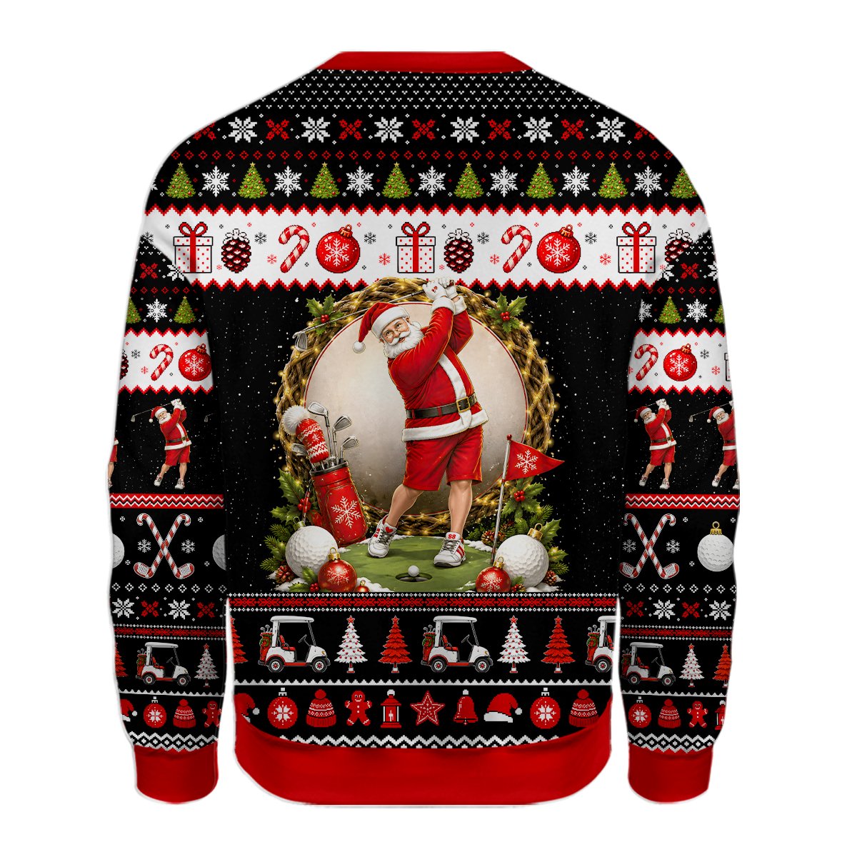 Back view of multicolor golf ugly christmas sweater