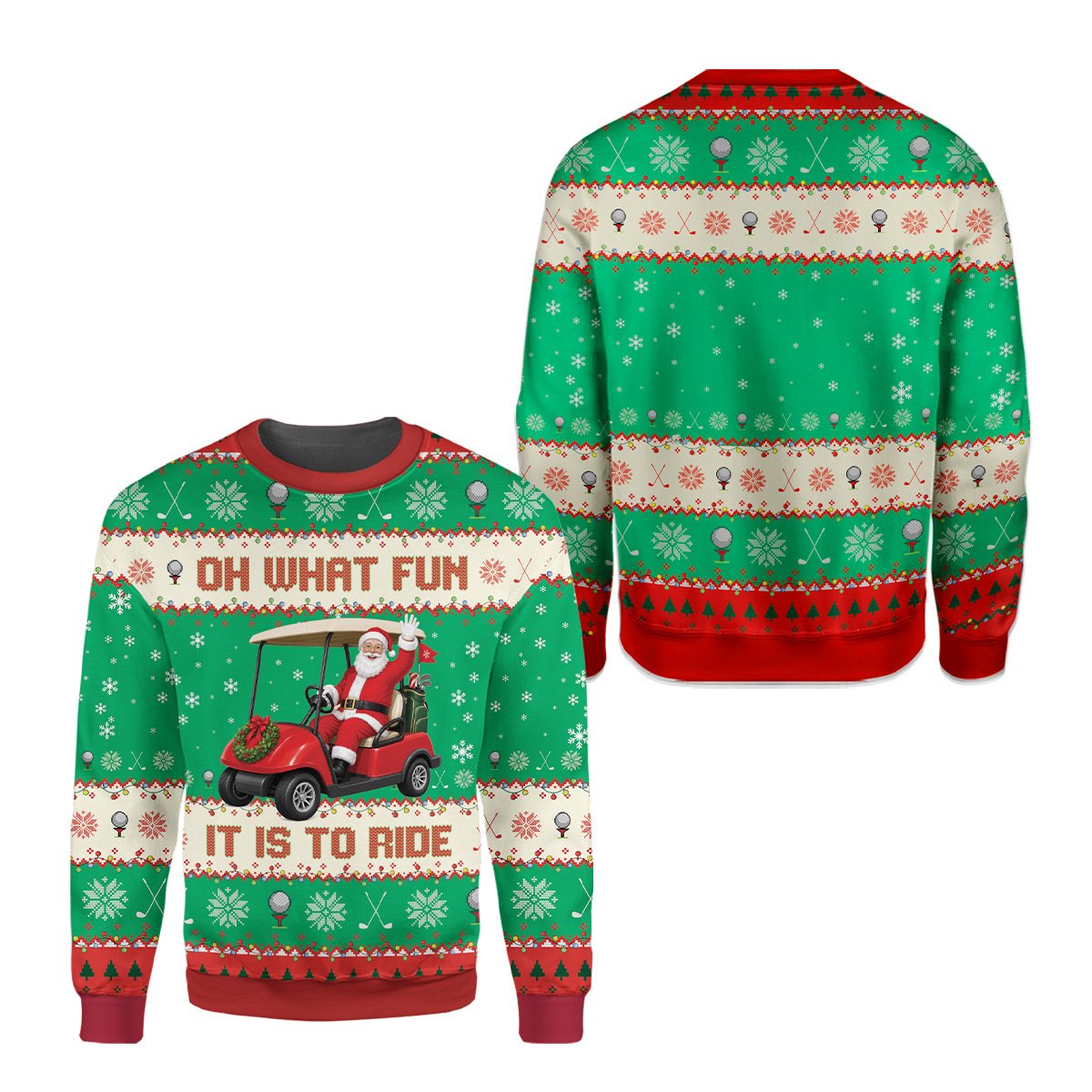 Close up front view highlighting the pixelated Santa golf cart graphic