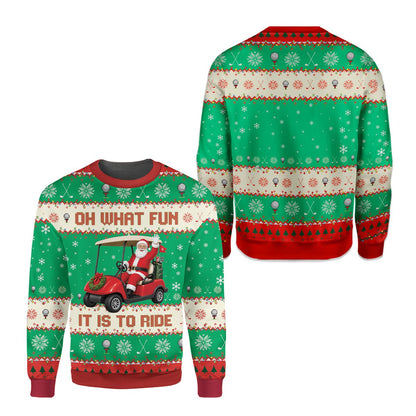 Close up front view highlighting the pixelated Santa golf cart graphic