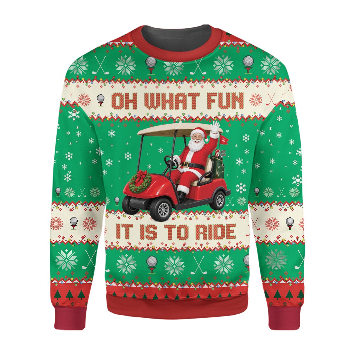 Another front view showing the festive golf holiday sweater pattern