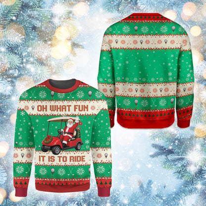 Main view of the green and red golf ugly christmas sweater featuring Santa in a golf cart