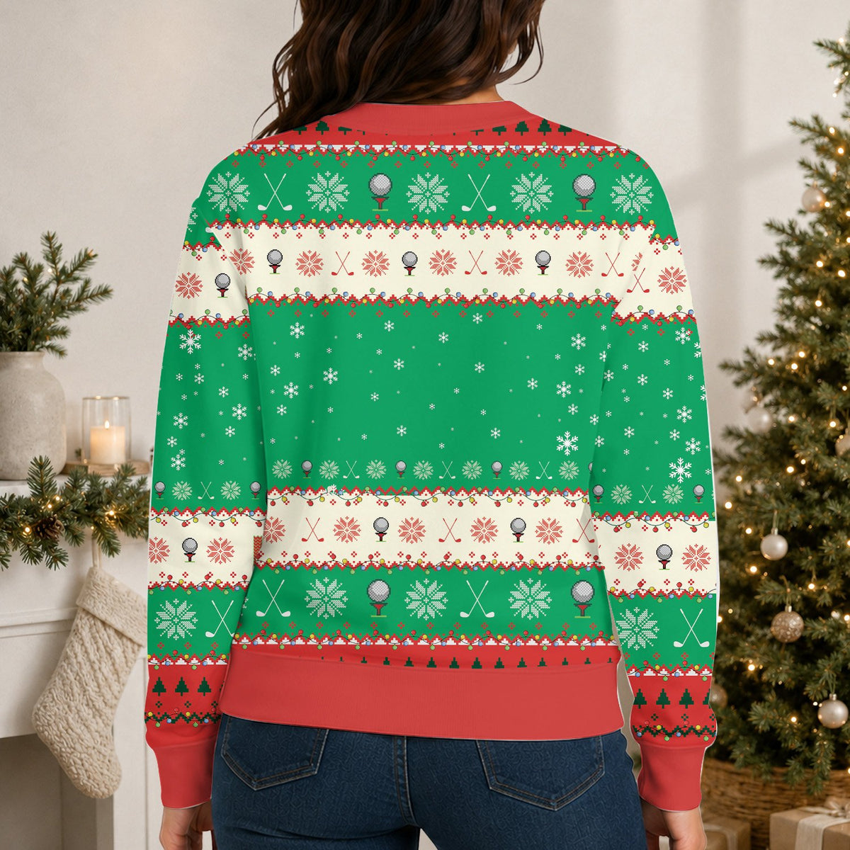 Third lifestyle view of the holiday golf sweater in a seasonal setting