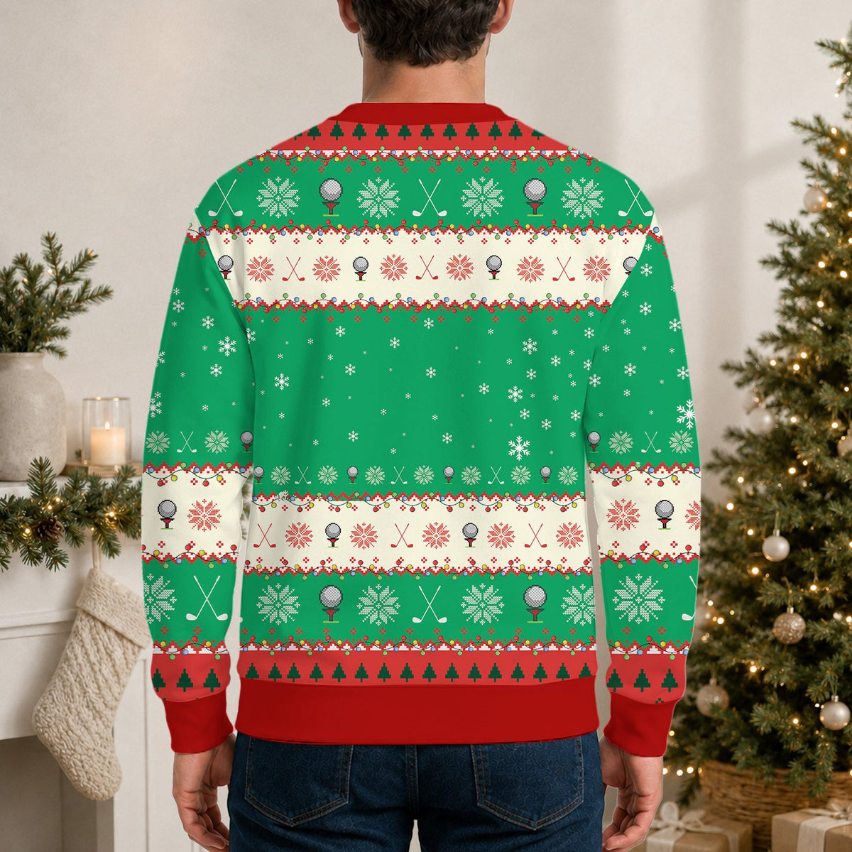 Lifestyle view of a person wearing the green and red ugly golf christmas sweater