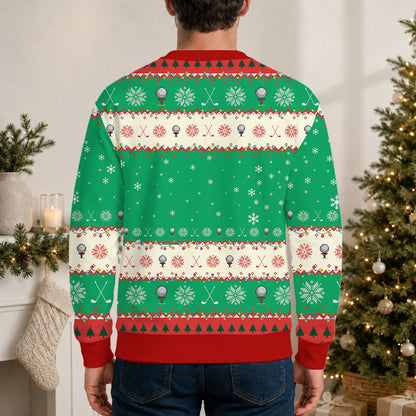 Lifestyle view of a person wearing the green and red ugly golf christmas sweater