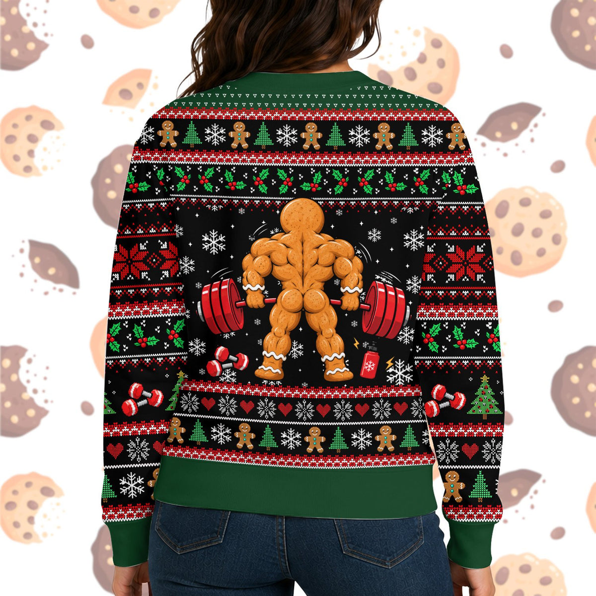 Angled back view of the black festive holiday sweater