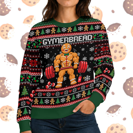 Gym ugly christmas sweater featuring a muscular gingerbread man lifting weights on a black background