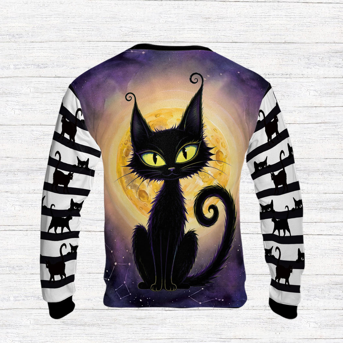 Back view of the Halloween black cat ugly sweater on a dark purple starry background