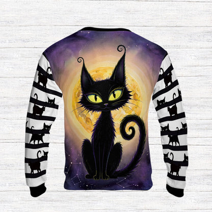 Back view of the Halloween black cat ugly sweater on a dark purple starry background