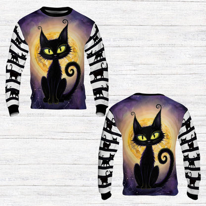 Main view of the Halloween black cat ugly sweater with black and white striped sleeves