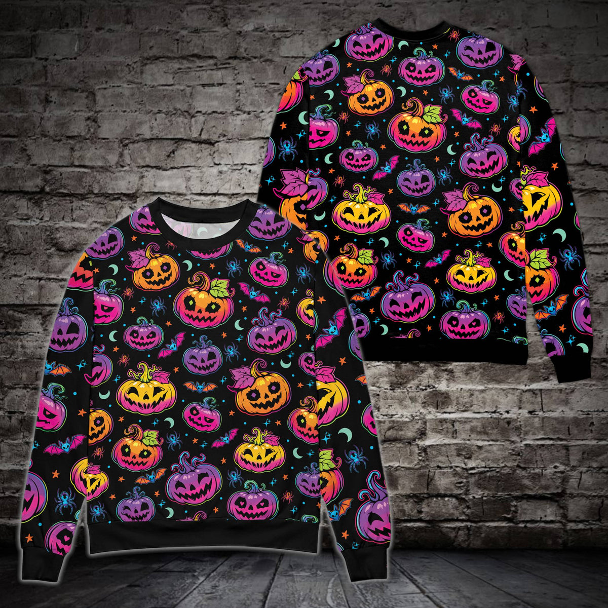 Black front view of the halloween ugly sweater