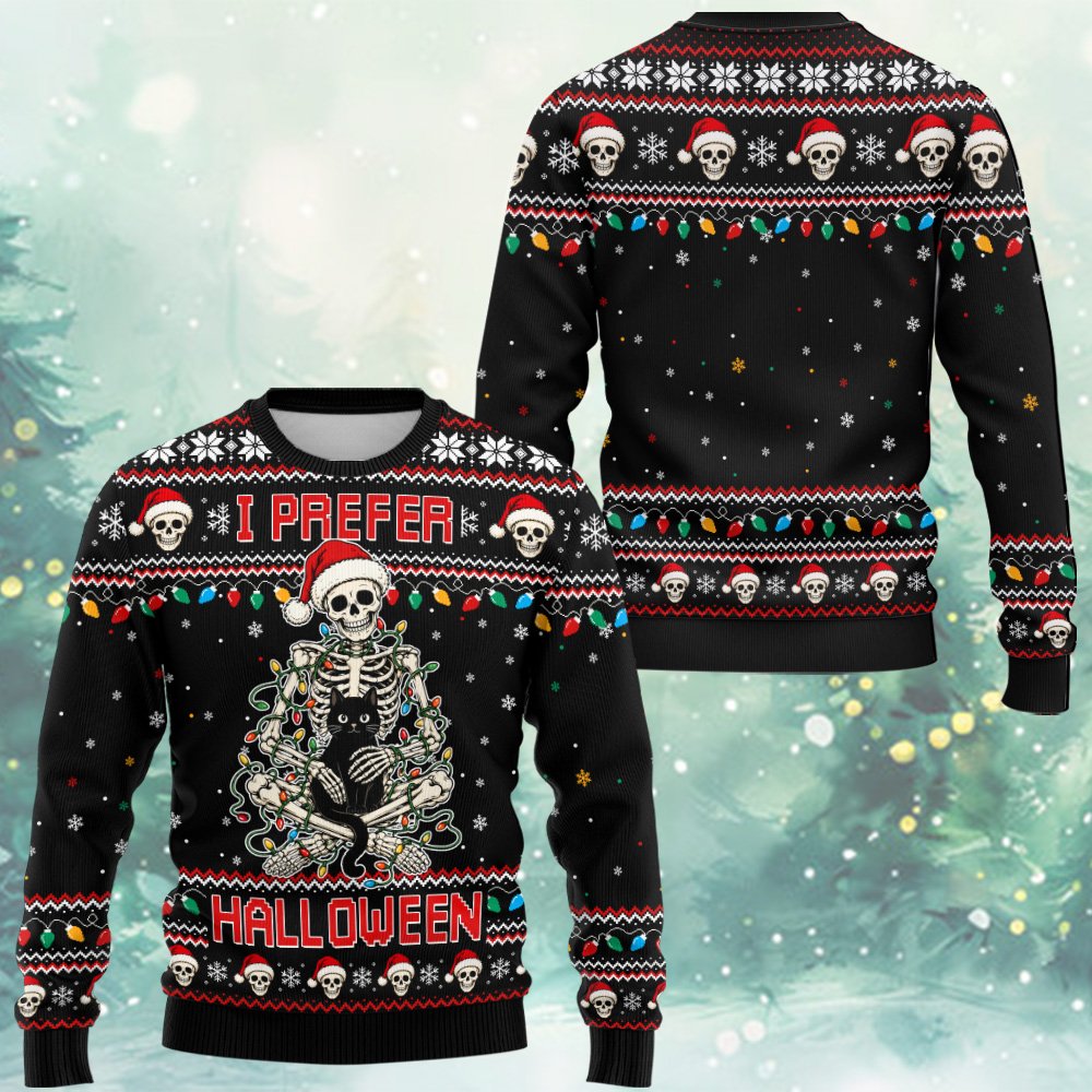 Front view of the I Prefer Halloween ugly christmas sweater with skeleton design
