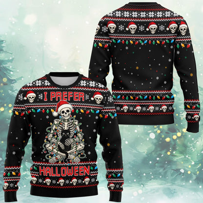 Front view of the I Prefer Halloween ugly christmas sweater with skeleton design
