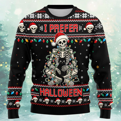 Front view of the I Prefer Halloween ugly christmas sweater on a black background