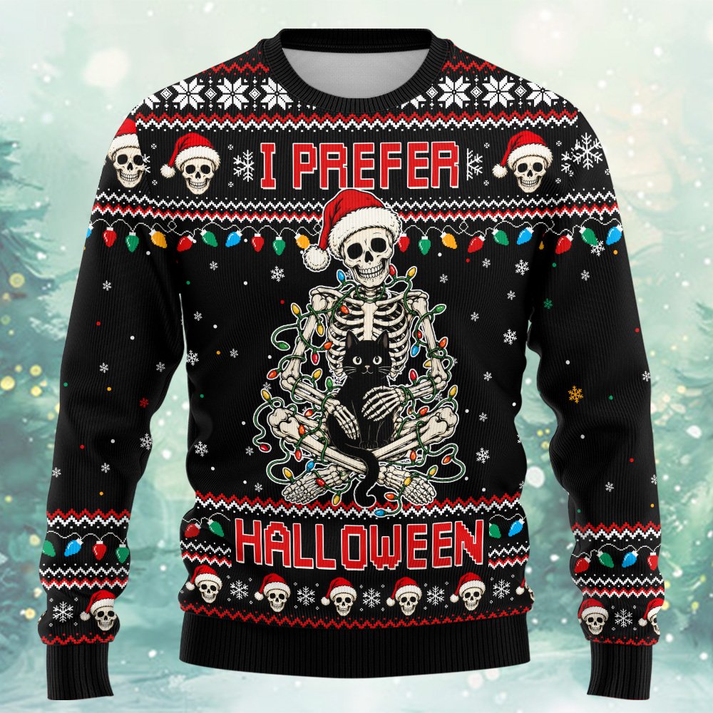 I Prefer Halloween ugly christmas sweater featuring a skeleton and black cat, main view