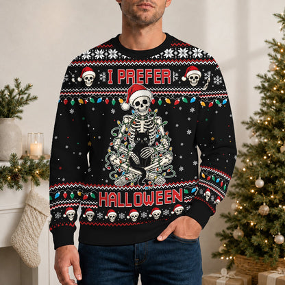 Adult wearing the I Prefer Halloween ugly christmas sweater outdoors