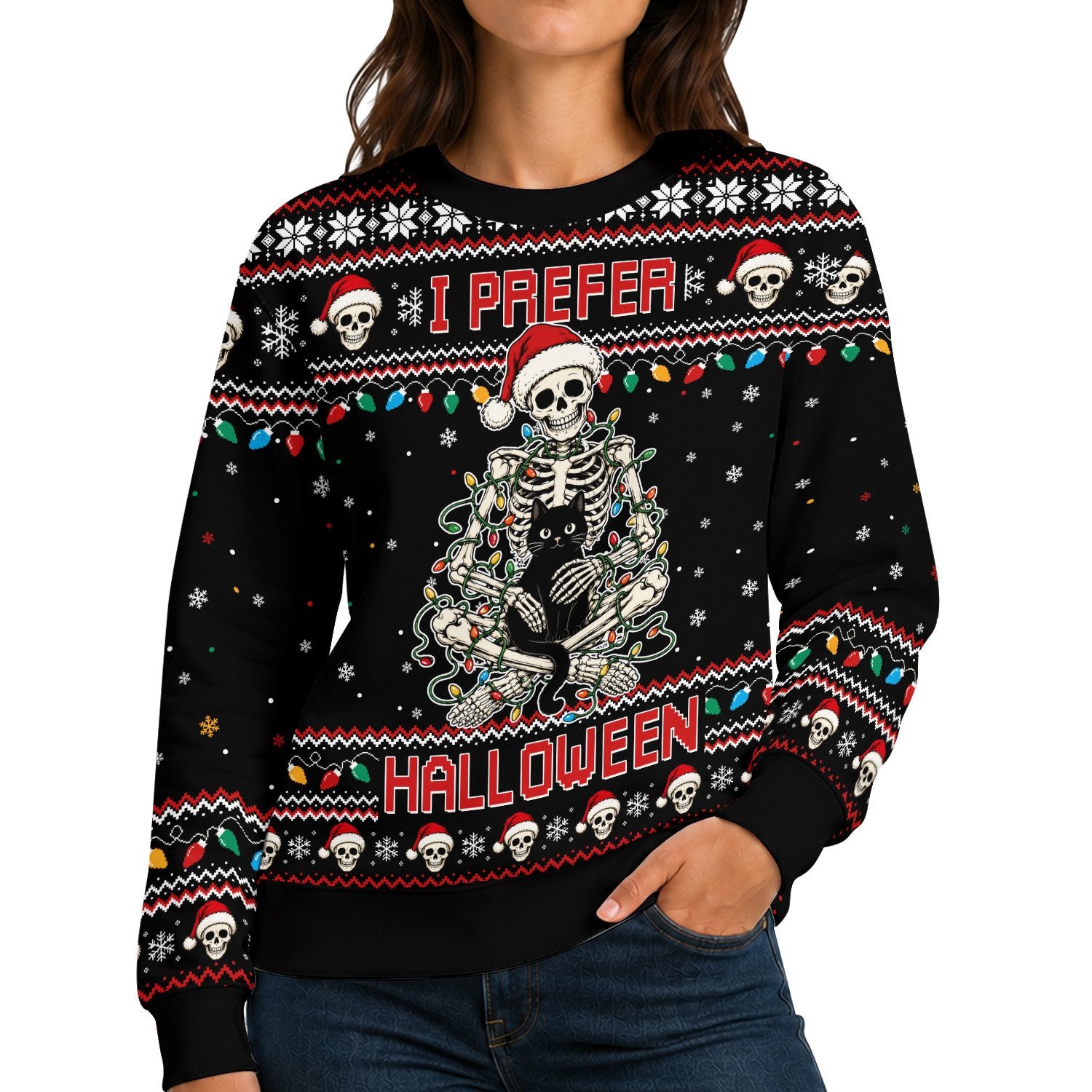 Lifestyle view highlighting the I Prefer Halloween skeleton and cat design