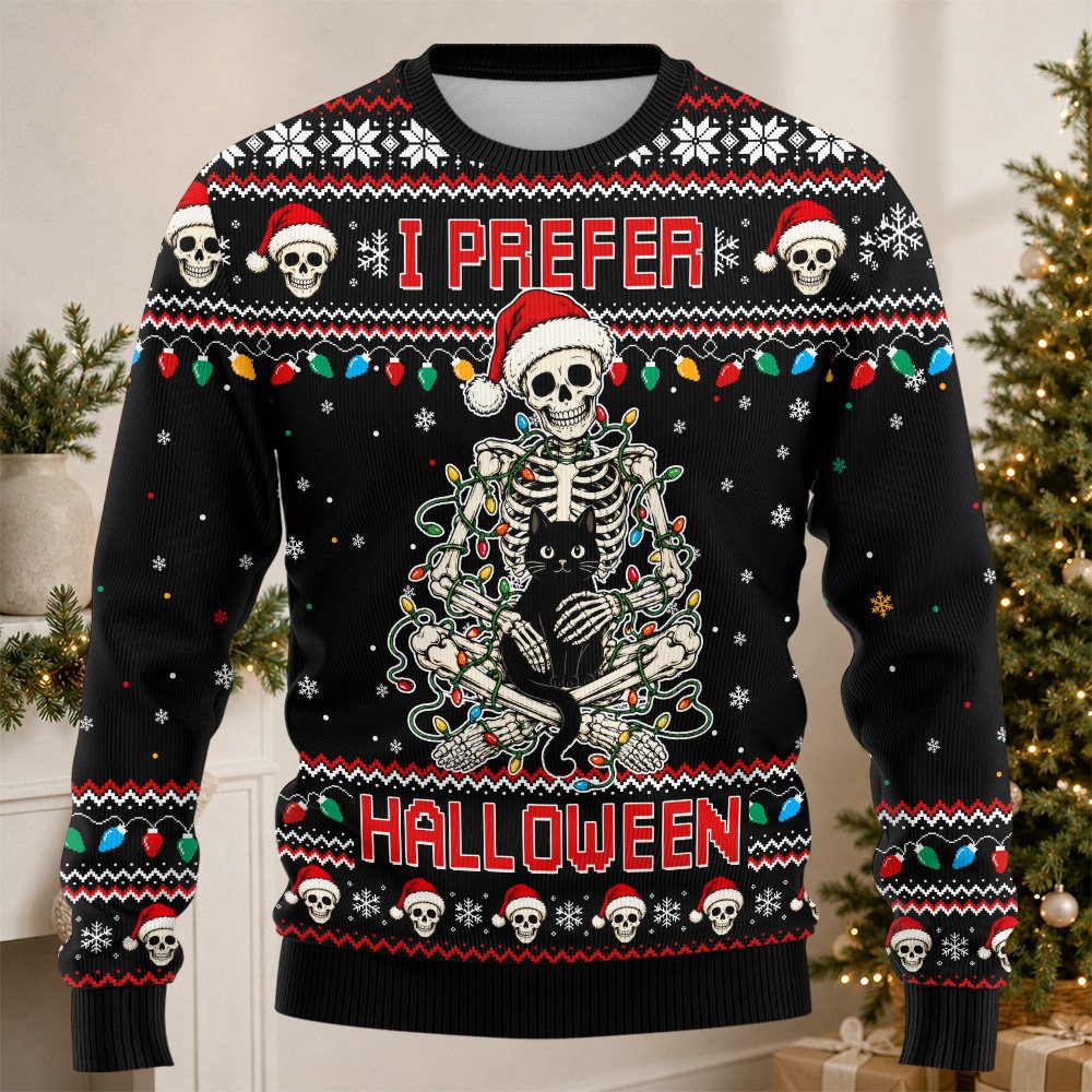 Lifestyle image of someone wearing the I Prefer Halloween ugly christmas sweater