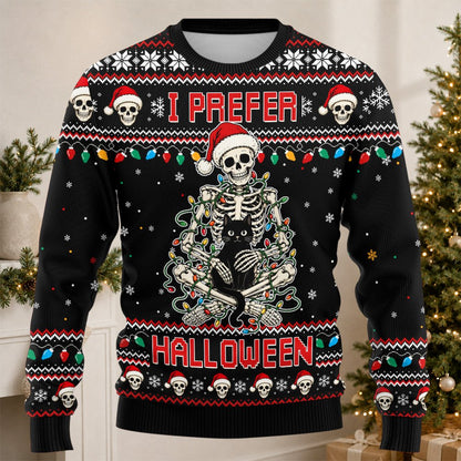 Lifestyle image of someone wearing the I Prefer Halloween ugly christmas sweater