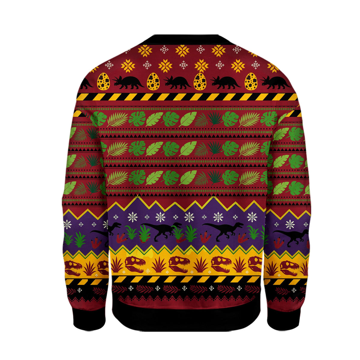 Back view of the holiday ugly sweater with dinosaur silhouettes