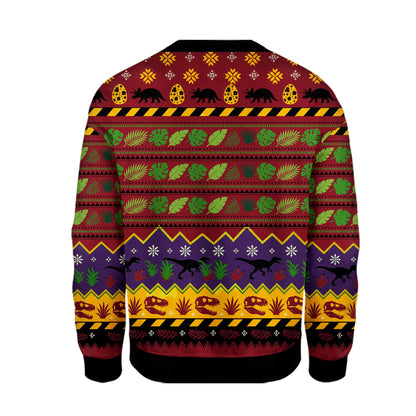 Back view of the holiday ugly sweater with dinosaur silhouettes
