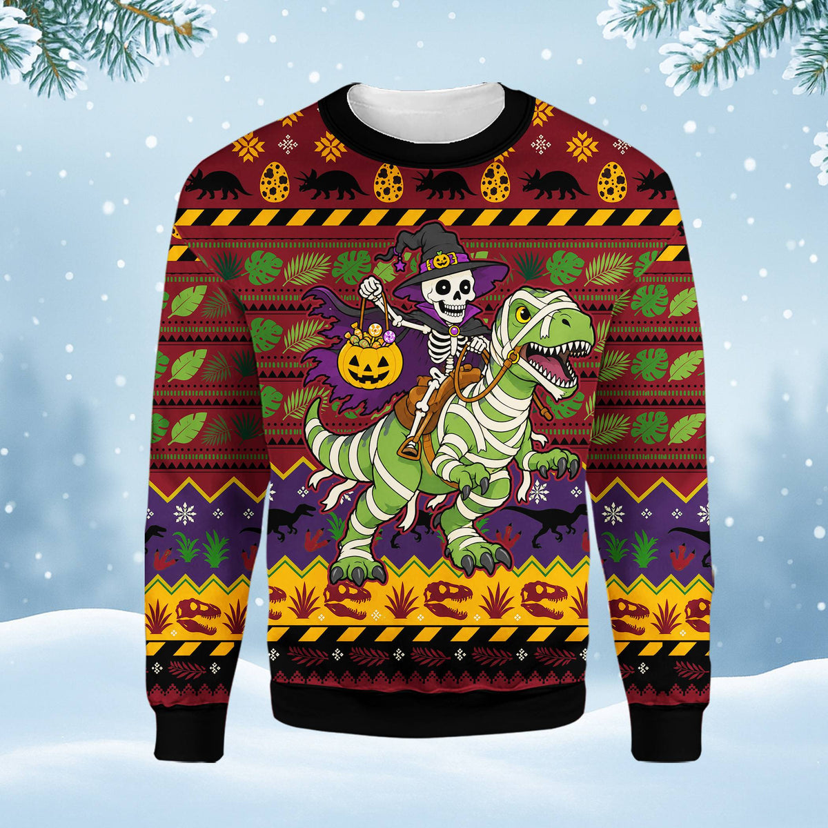 Close up front view of the ugly dinosaur sweater