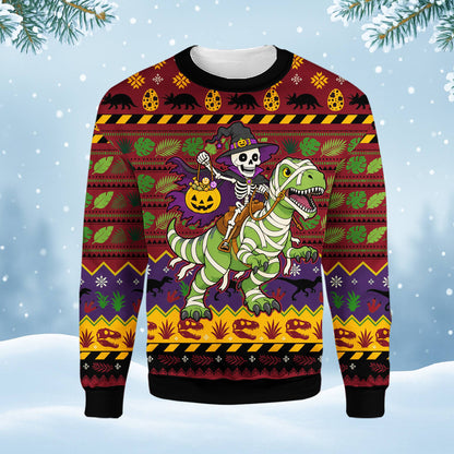 Close up front view of the ugly dinosaur sweater