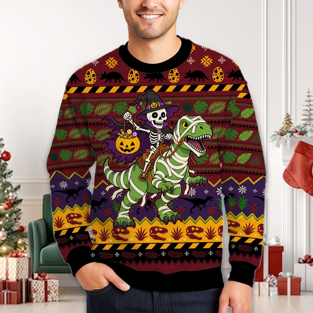 Second lifestyle view of the ugly sweater dinosaur design
