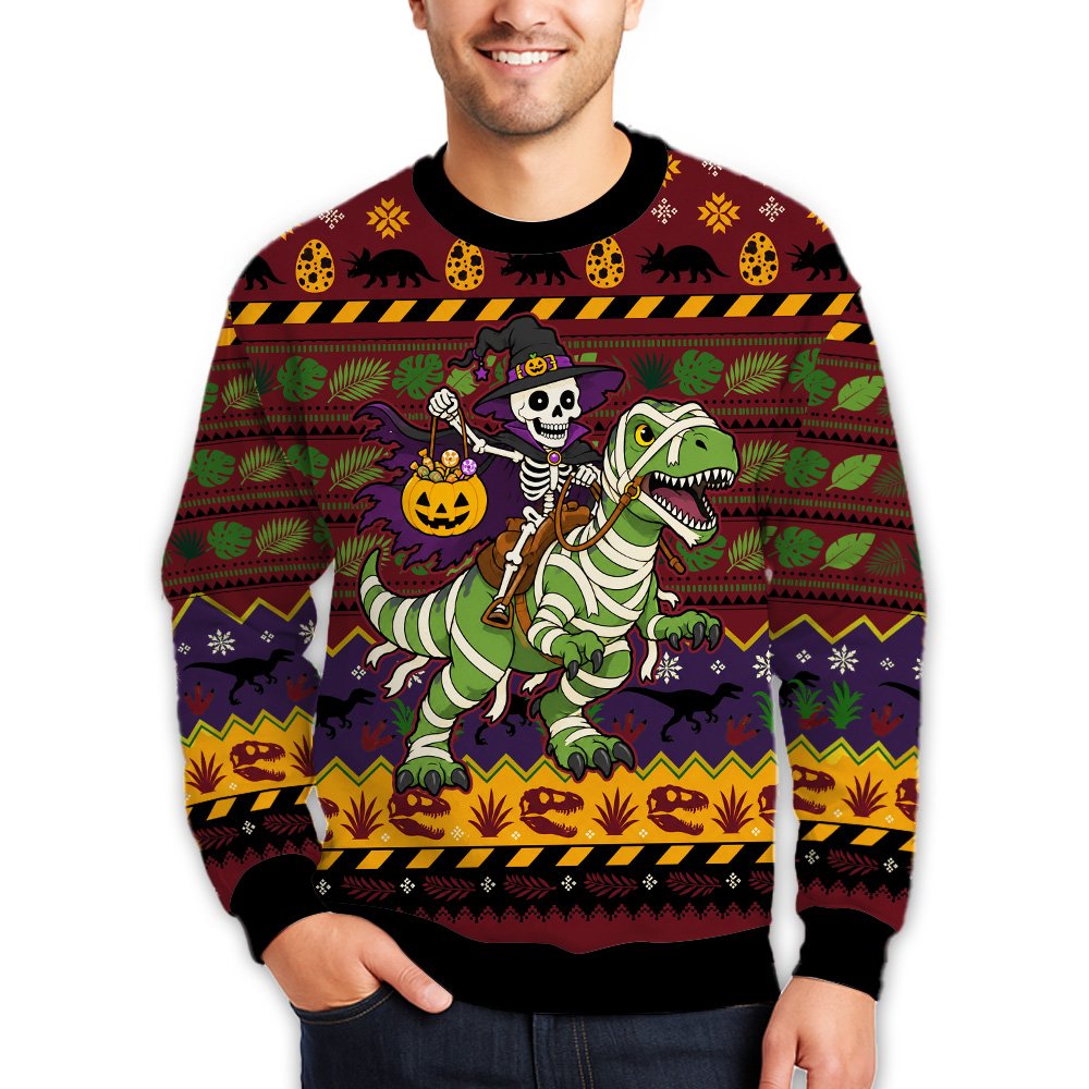Lifestyle view of an adult wearing the halloween ugly sweater