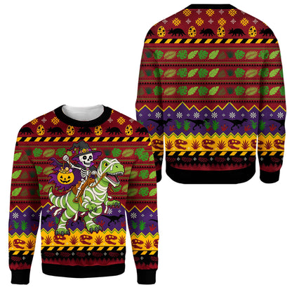 Detailed view of the geometric patterns on the dinosaur sweater