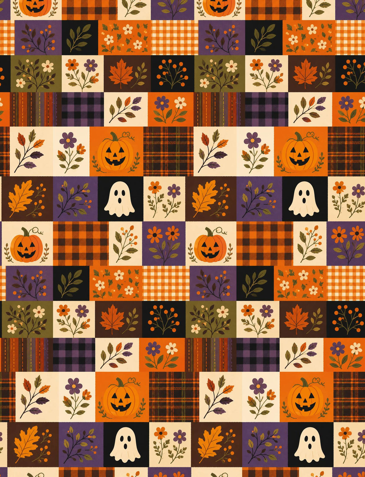 Back view of the halloween ugly sweater showing the repeating patchwork pattern