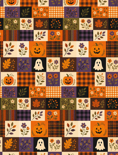 Back view of the halloween ugly sweater showing the repeating patchwork pattern