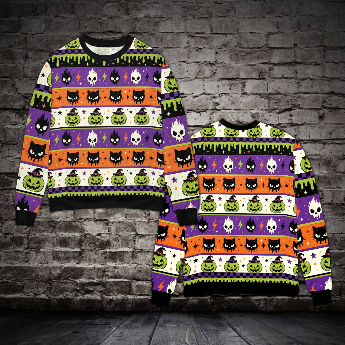 Ugly christmas sweater halloween featuring orange jack-o'-lanterns and ghosts on an orange background, front view
