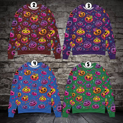 Multicolor front view showing vibrant jack-o'-lanterns and bats on the holiday ugly sweater