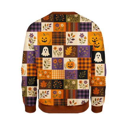 Close-up front view of the halloween ugly sweater highlighting the black cat design