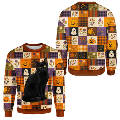 Detailed front view of the halloween ugly sweater patchwork elements