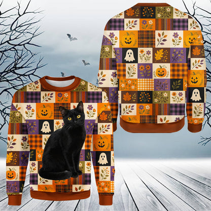 Flat front view showing the vibrant orange and purple colors of the ugly holiday sweater